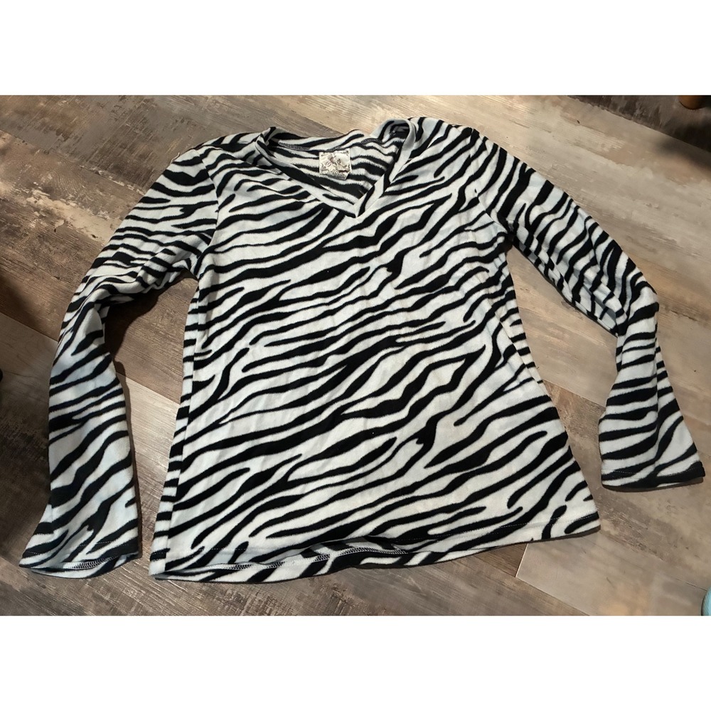 PJ Couture Womens Zebra Print Fleece Pajama Top V-Neck Large Black White